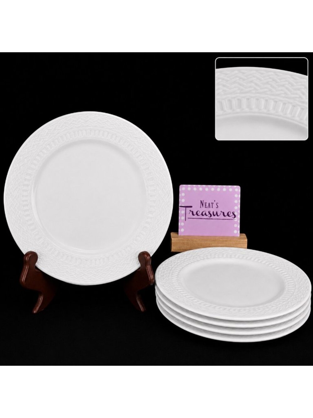 Livingquarters LIQ10 White Embossed Basketweave Lines 7.75" Salad Plate Set of 5